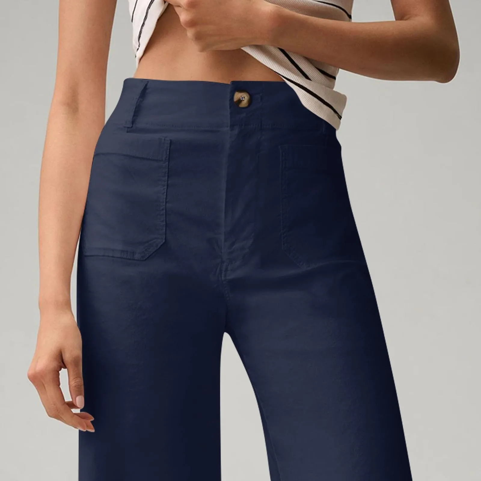 Women Pants Solid Color Elastic Wide Leg Ninth Pant Office Lady  Wrapped Hip High Waist Button Up Trousers With Pockets Autumn