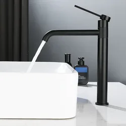 Black Stainless Steel Washbasin Faucet Deck Mounted Hot And Cold Water Mixer 360 ° Rotation Tap