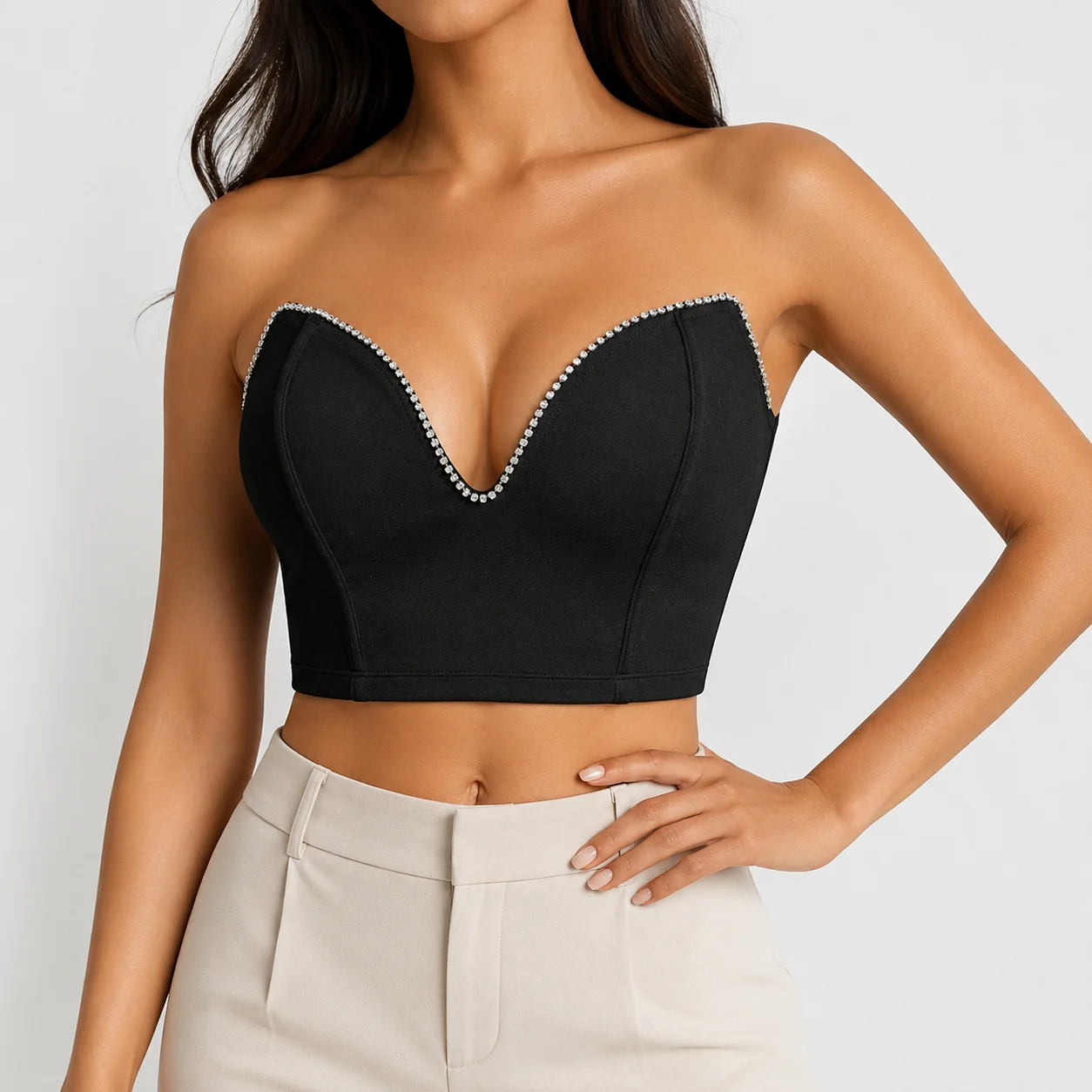 Rhinestone Halter Corset Top Women's Strapless Bustier Women Deep V Neck Form Fitting Cropped Tube Top
