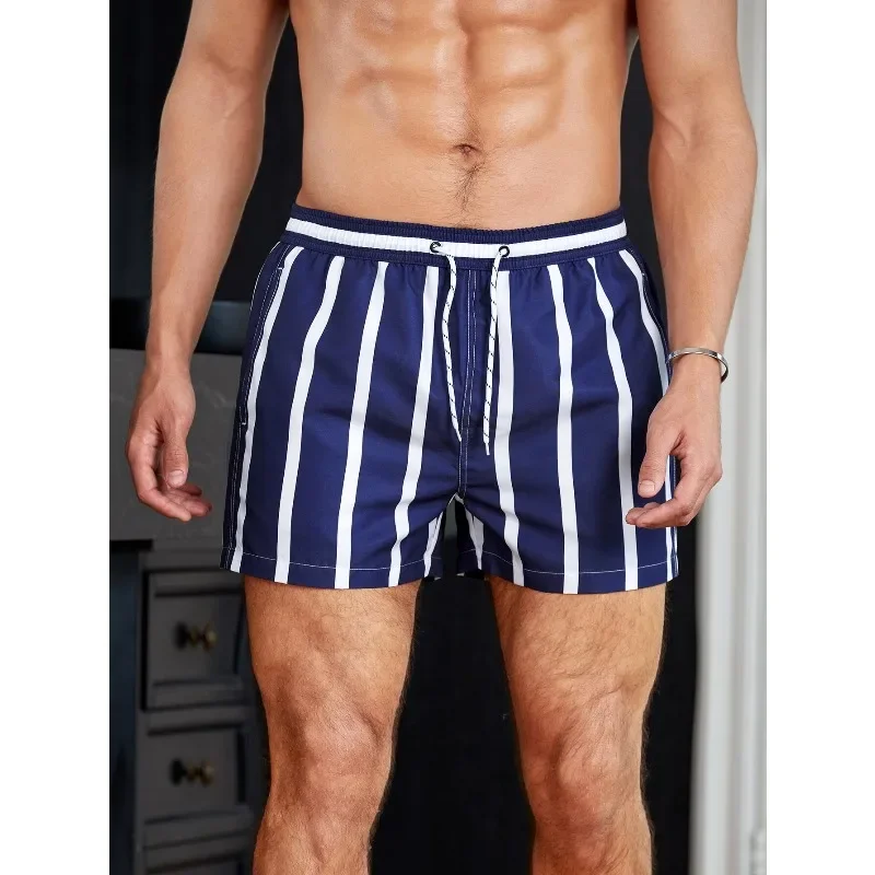 

Men's Summer Vacation Striped Printed Drawstring Waist Slant Pocket Beach Shorts, Hawaiianmv