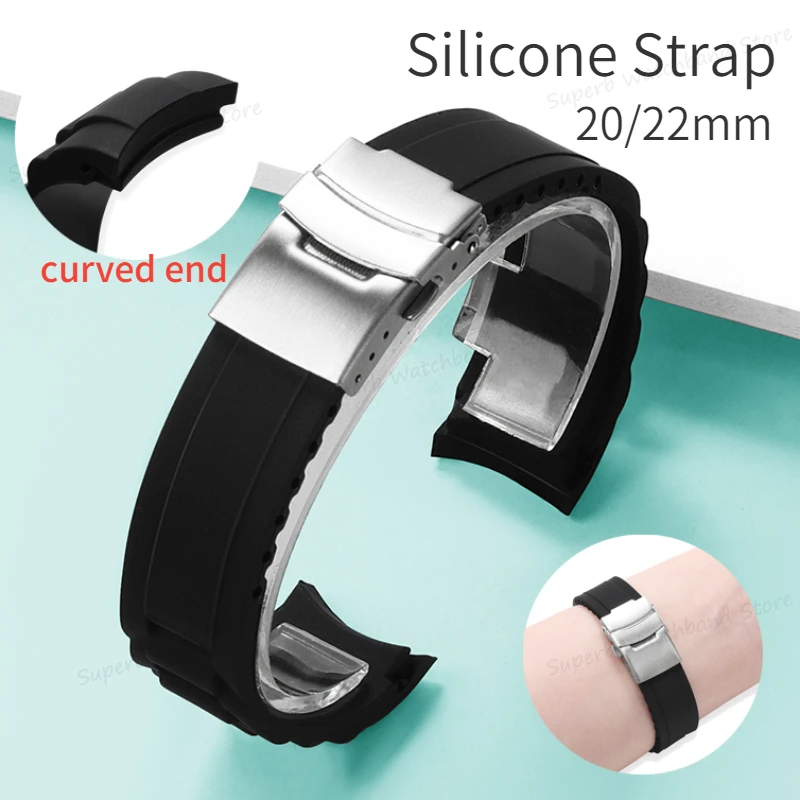 Curved End Silicone Watch Band 20/22mm Soft Rubber Watch Strap Folding Buckle for Men Waterproof Wristbelt Watch Accessories