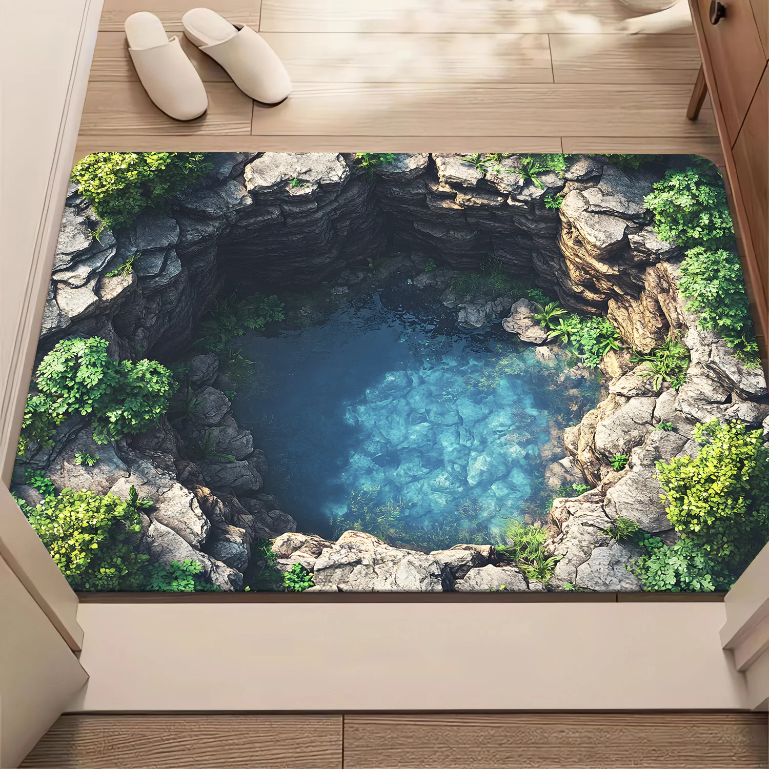 3D Cave Spring Landscape Doormat, Realistic Rock Water Plant Design Non-Slip Rug for Indoor Entryway Nature Decor