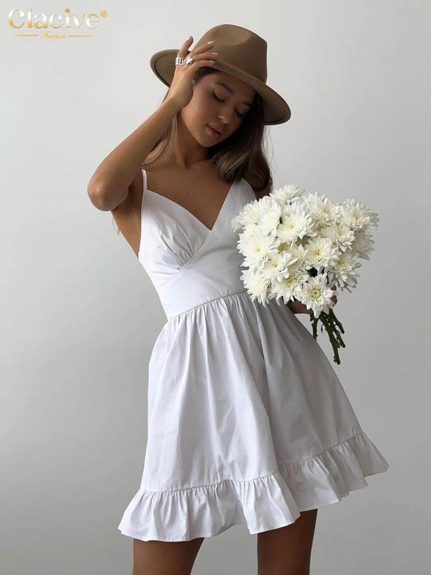 

Clacive Sexy Slim White Cotton Dress Ladies Summer Strap Sleeveless Mini Dress Elegant High Waist Pleated Dresses For Women 2024