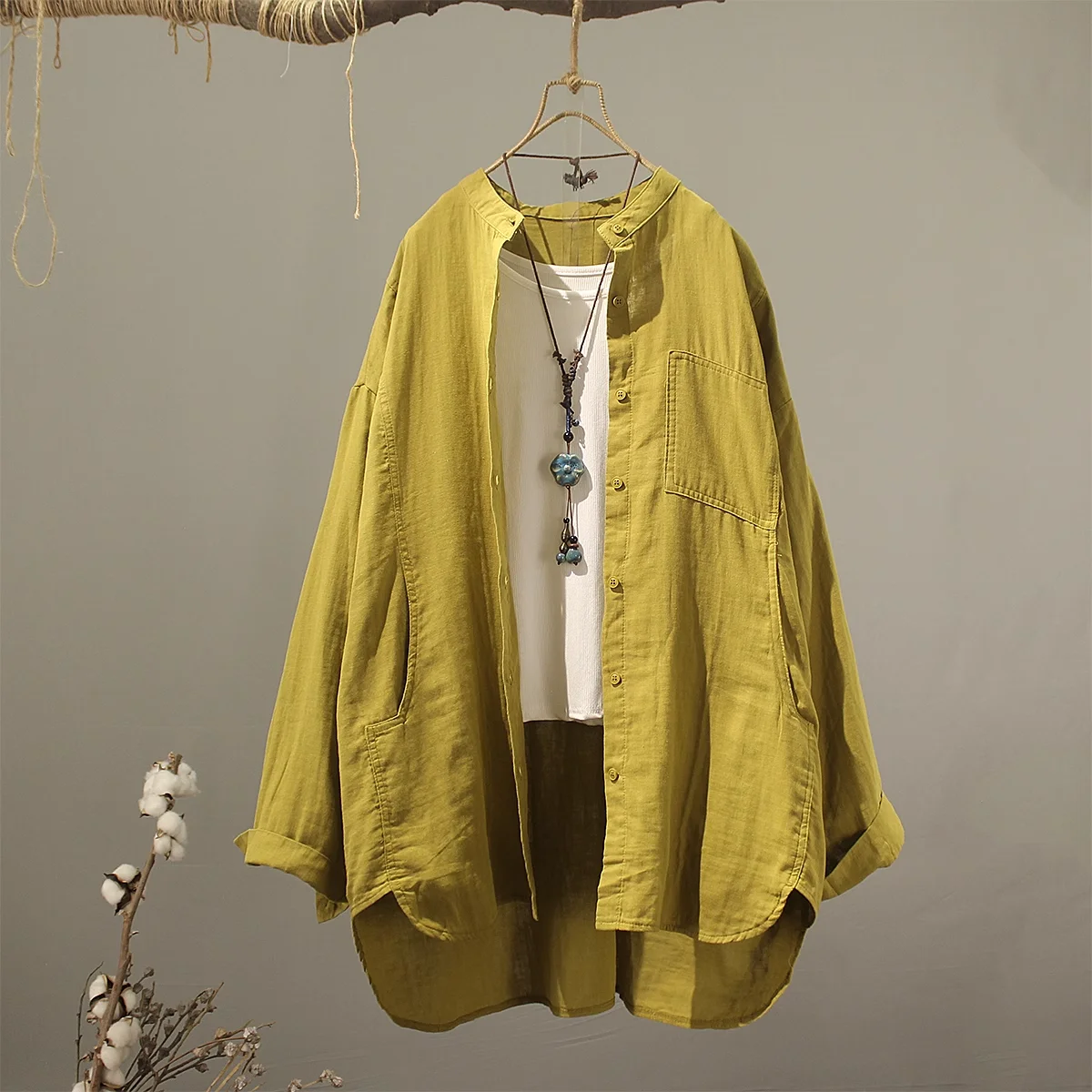 2026 Middle-aged women's clothing 100% cotton yarn woman tops and blouses Japan fashion stand collar large size tops
