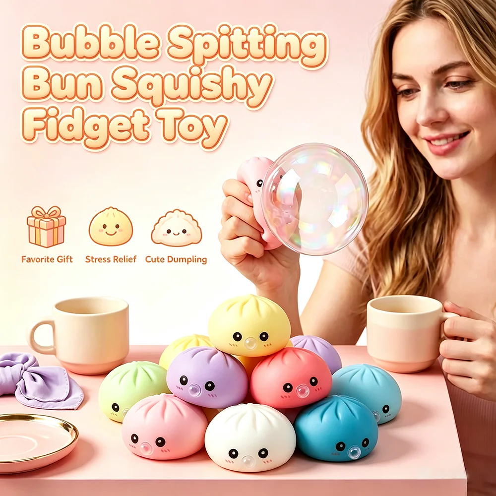 Novelty Spit Bubble Dumpling Squishy Toy Cute Pastel Color Steamed Bun Fidget Squeeze Toy Anxiety Relief Sensory Toy For Adults