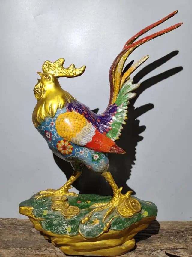 

22"Tibetan Temple Collection Old Bronze Cloisonne Enamel Gilded Big Cock zodiac Rooster Golden Rooster Amass wealth Ornaments