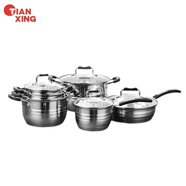 Tianxing High Quality Household Item Stainless Steel 304 Cook Pot And Pan Stock Pot 12 Pieces Non Stick Cookware Set