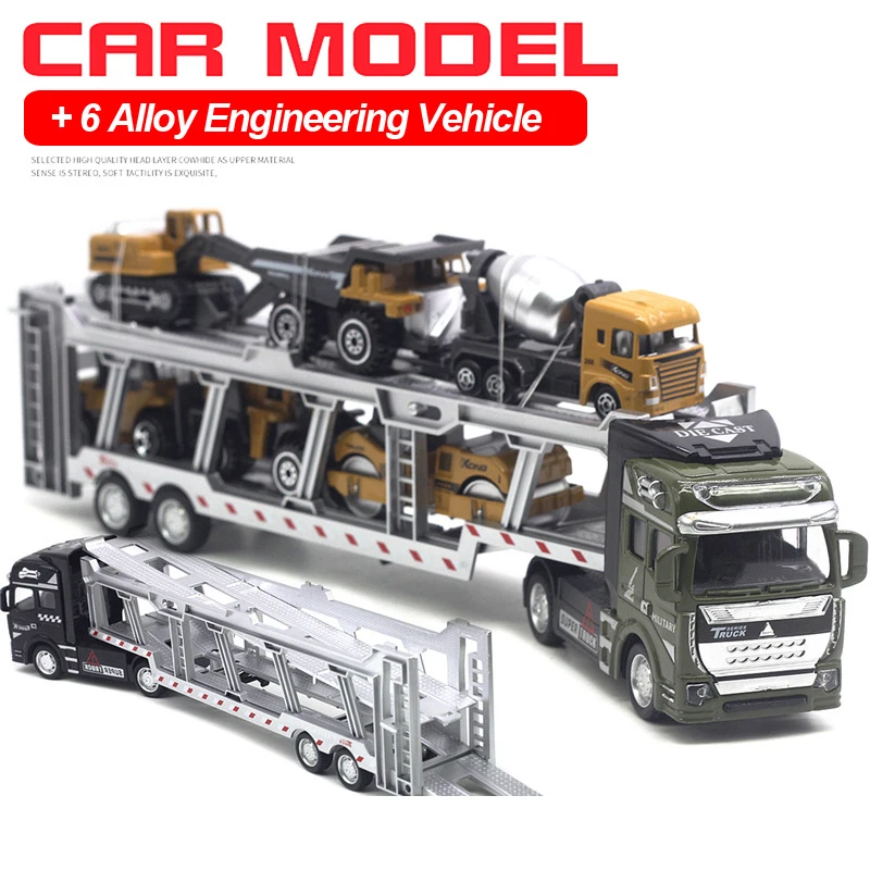 7 in 1 Transport Truck Toy Alloy Pull Back Function Carrier Truck Model Toy with 6 Small Engineering Vehicles toy for boys B055