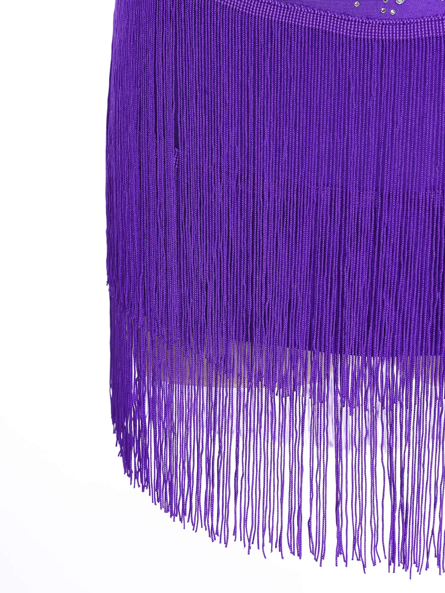 

Women Rumba Salsa Cha-Cha Latin Dance Costume Performance Dancewear Cutout Elastic Waistband Rhinestones Fringed Tassels Skirt