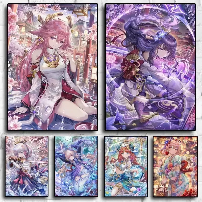 Genshin Impact Canvas Decorative Painting Frameless Cartoon Printing Yae Miko Hu Tao Kamisato Ayaka Room Decoration Poster Gi