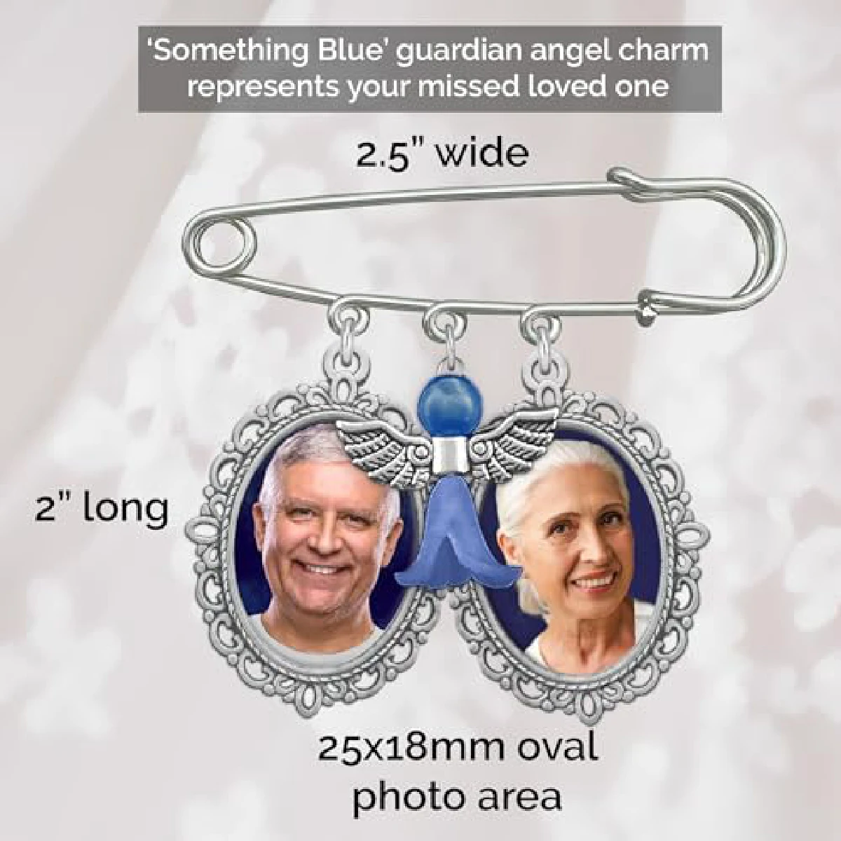 Something Blue Wedding Bouquet Photo Charm Pin for Bride, Holds 2 Photos, Memorial Bridal Charm with Blue Angel, Add Your Own Pi