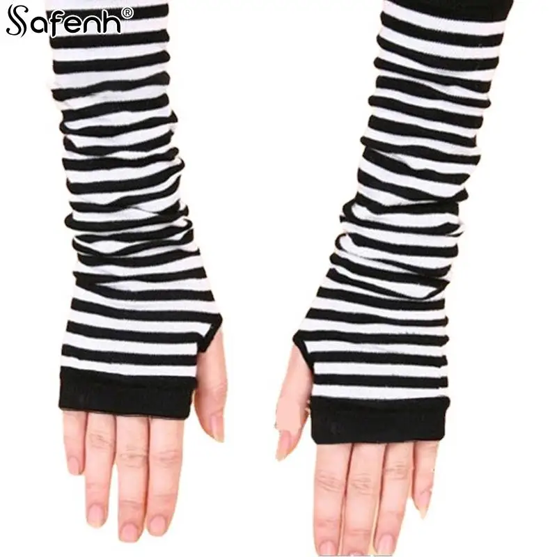 1pair New Long Glove Arm Cover Classic Pink Black And White Striped Fingerless Elbow Gloves Warmer Knitted Wristband