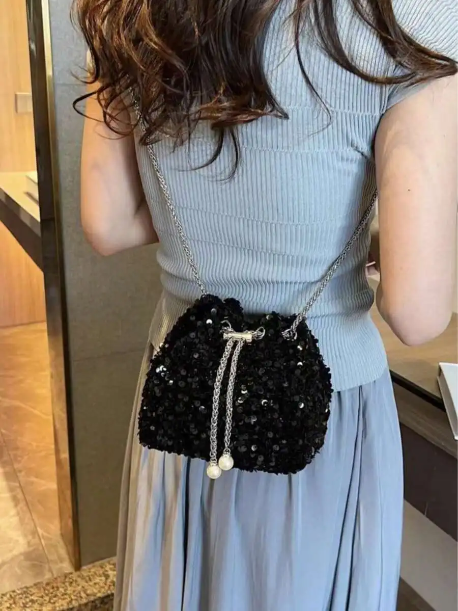 

Black Sequined Drawstring Bucket Shoulder Bag With Chain Strap And Pearl Decor