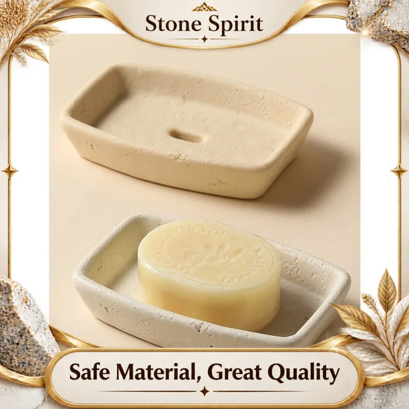 Wabi Sabi Soap Dish, Natural Travertine Style Soap Holder with Water Drainage, No Drill Wall Mount for Bathroom  & Shower Area