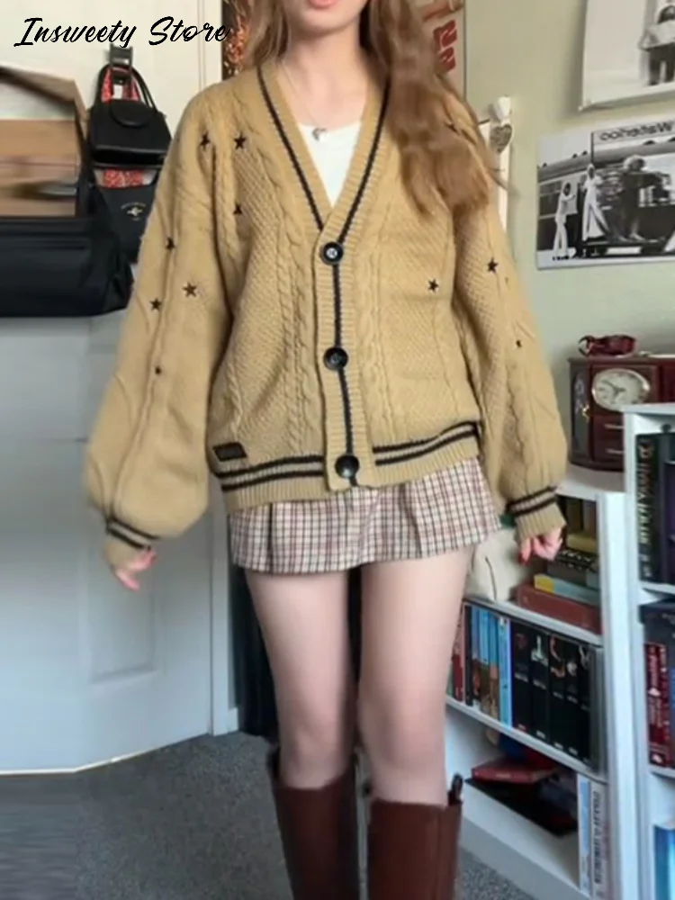 Elegante estrela impressão malha cardigan feminino solto manga longa único breasted camisola 2025 outono senhora moda macio aconchegante cobrir