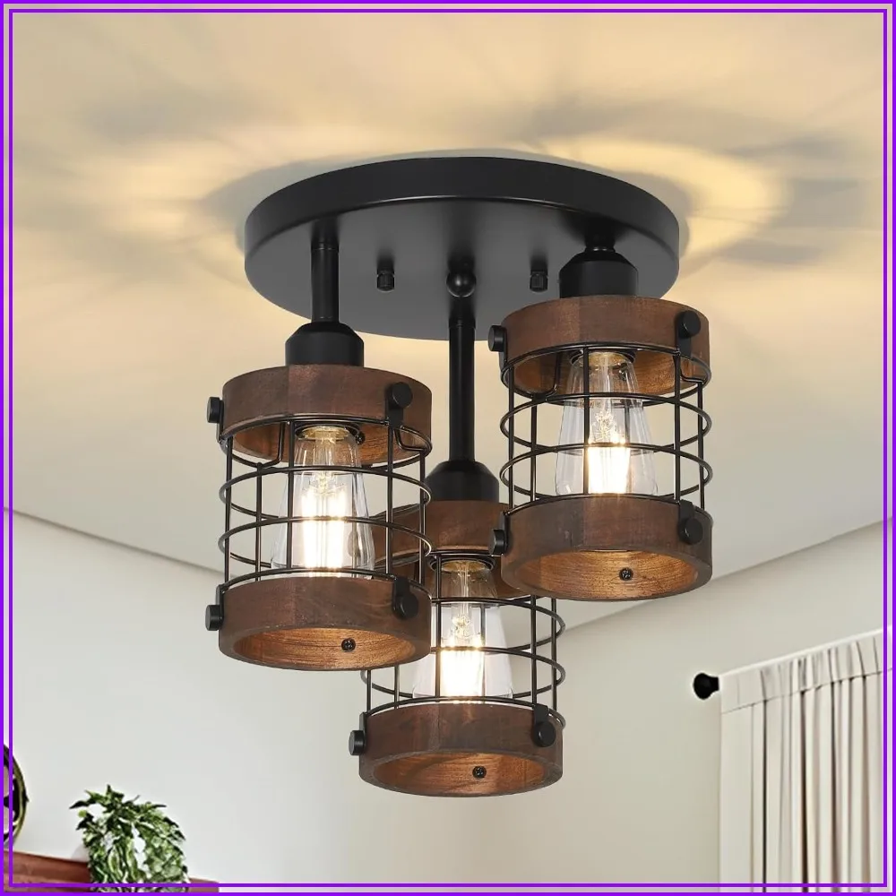 Semi Flush Mount Ceiling Light, 3-Light Farmhouse Chandelier with Wooden Cage Shade, Black Hallway Light Fixture for Entryway Bedroom
