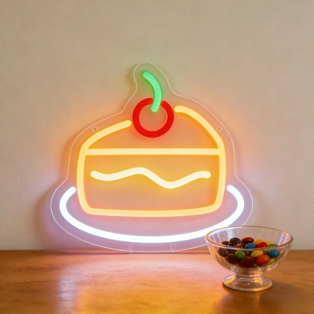 

Неоновая вывеска LED «Теплый желтый торт с красными вишнями» для декора дома, кафе, вечеринок, баров. Романтическое освещение для десертов, подарок.
