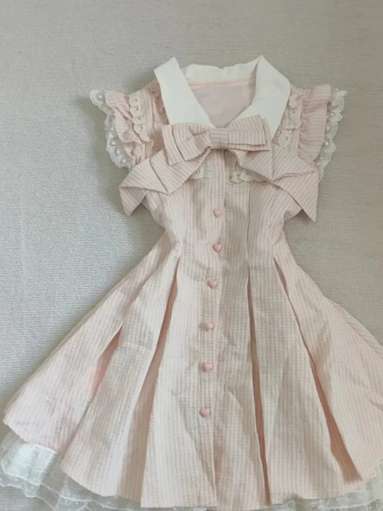 Japanese Sweet Kawaii Striped Elegant Women Dress Fashion Cute Bow Y2k Princess Dress Harajuku Chic Lace Korean Popular Clothes - Image 2