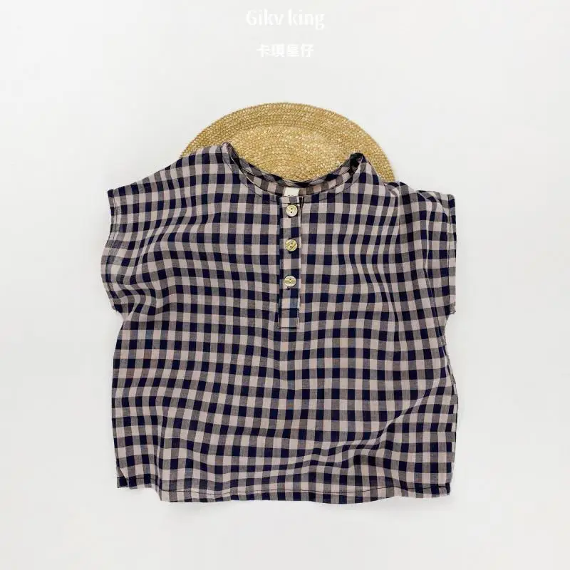 2026 Summer New Children Short Sleeve Shirts Girls Casual Plaid Shirts Toddler Boys Loose Linen Cotton Tops Kids Clothes