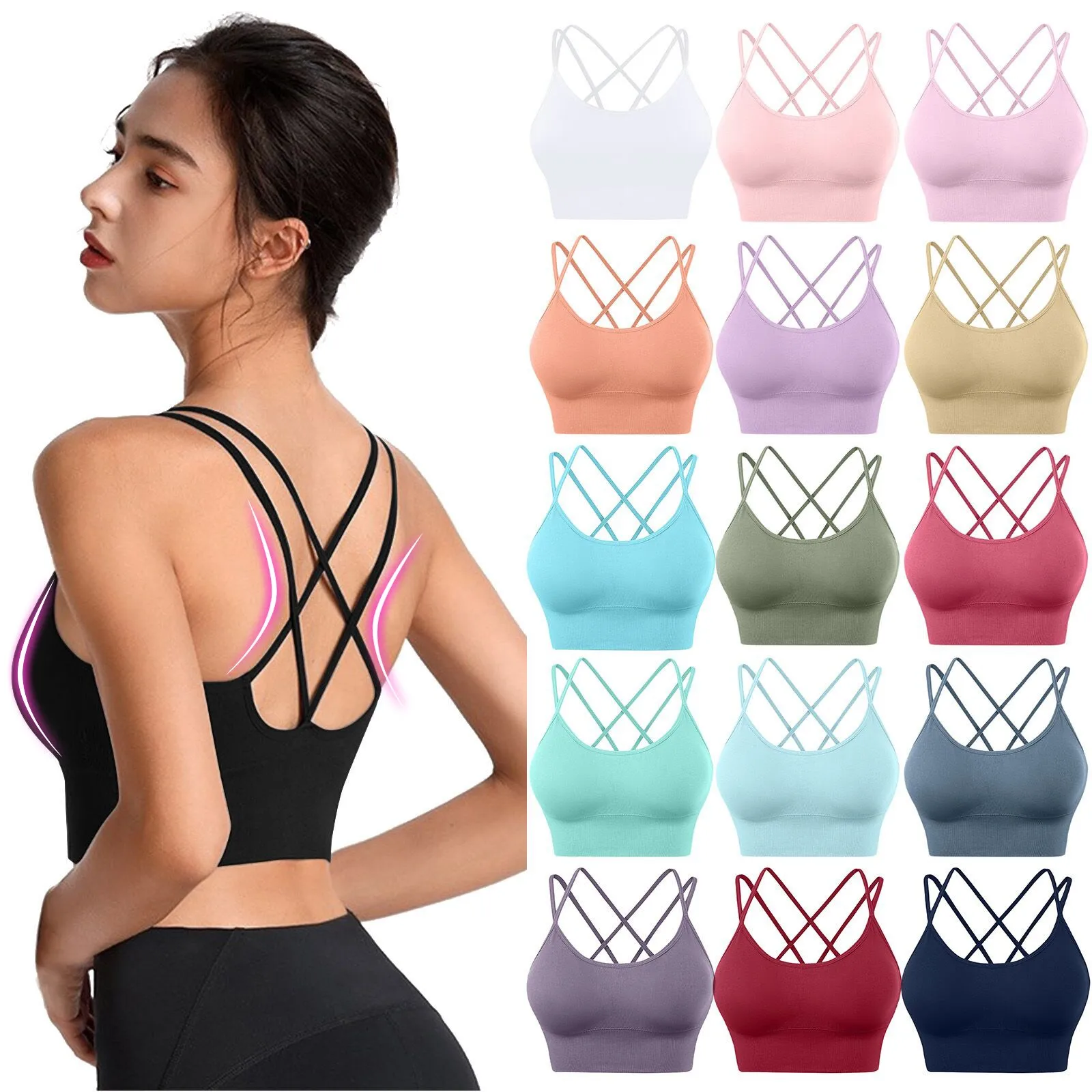 

Women Yoga Sports Bra Gym Fitness Push Up Wirefree Padded Crisscross Strappy Training Underwear Crop Tops Workout Running Sport