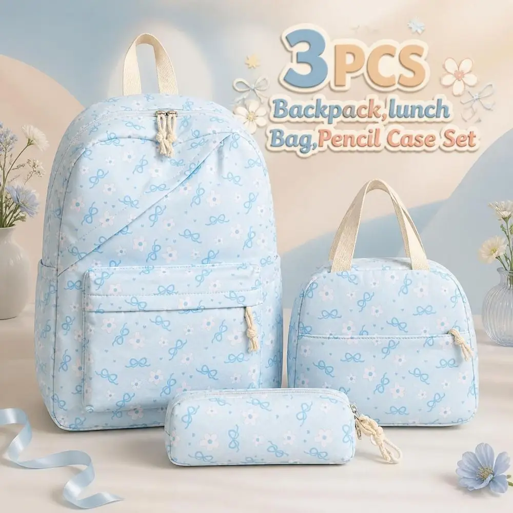 3PCS Bow Print Backpack,lunch Bag,Pencil Case Set Lightweight Spacious Schoolbag Set Multicolor Waterproof Student Rucksack Set