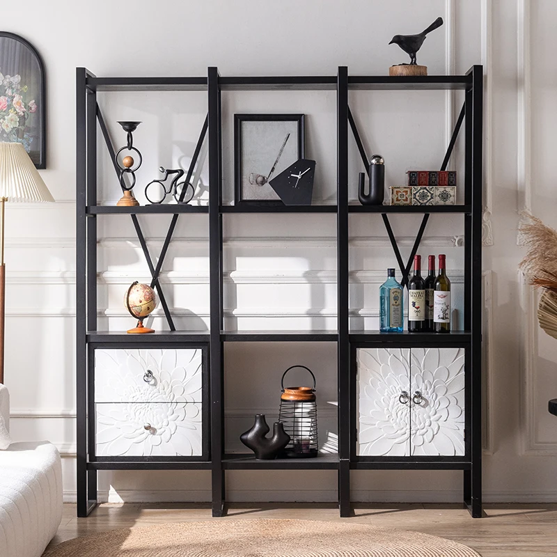 

French bookshelf Floor-to-ceiling shelf Multi-layer storage rack Wrought iron with locker Entry entrance against the wall Retro