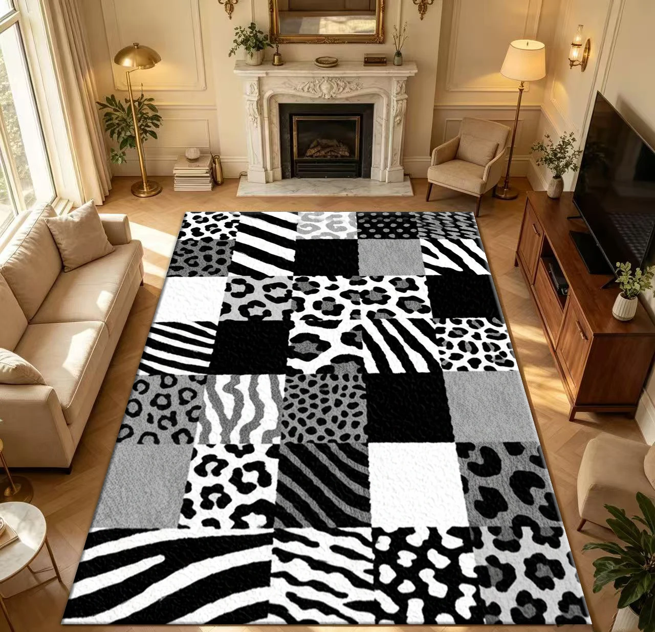 Black and White Leopard Print Zebra Patchwork Carpet Mixed Animal Pattern Carpet Non-Slip Washable Living Room Bedroom Decorative Floor Mat