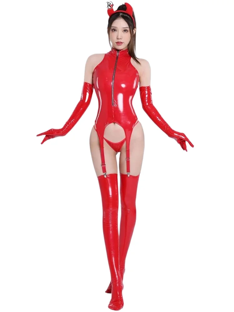 Wet Look Catsuit + G-string + Hair Clasp Sleeveless Shiny PU Leather Lingerie Bodysuit Sexy Erotic Cosplay Clubwear Body Garter