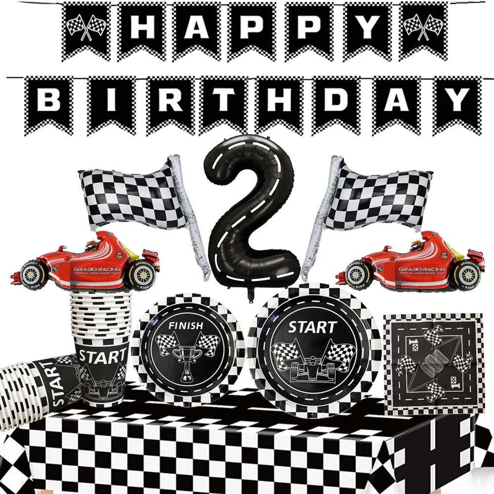 Fast Two Racing Themed Party Decorations Tableware Paper Cups Tablecloth Checkered Balloon Kids Car 2nd Birthday Party Supplies