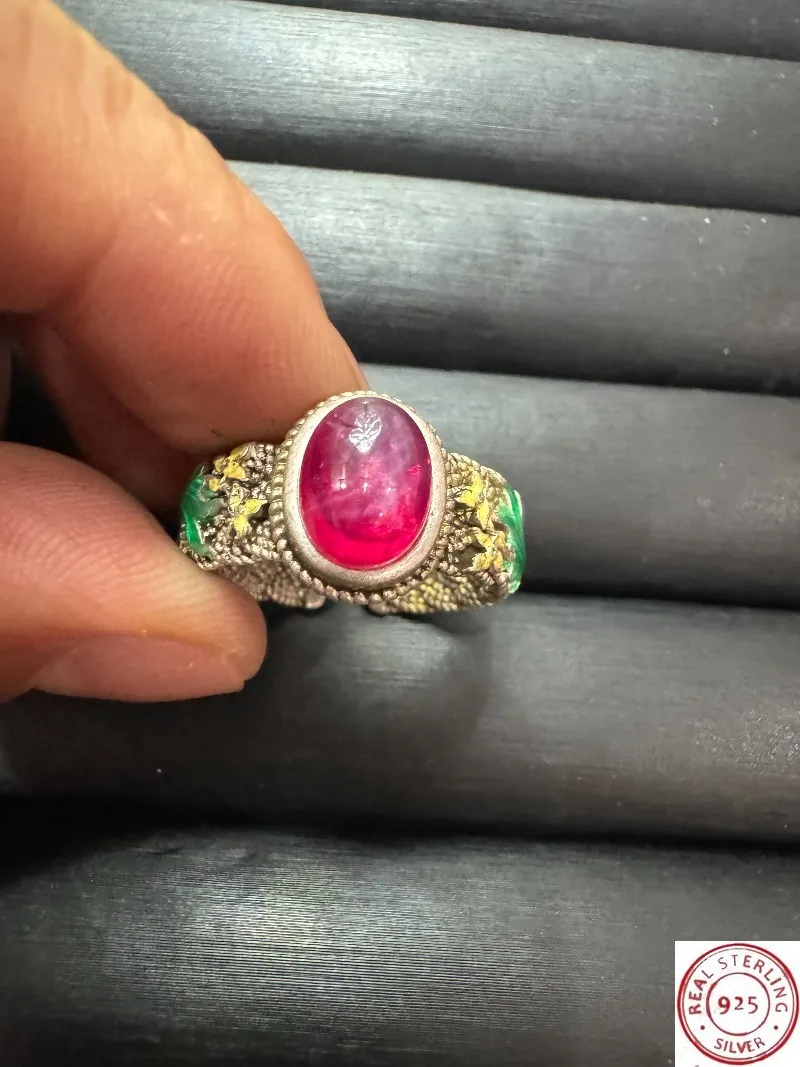 

Tibetan Silver Cloisonne Ring, Inlaid Star Ruby, Retro Ethnic Style, Adjustable Open Band, Unisex Vintage Finger Jewelry