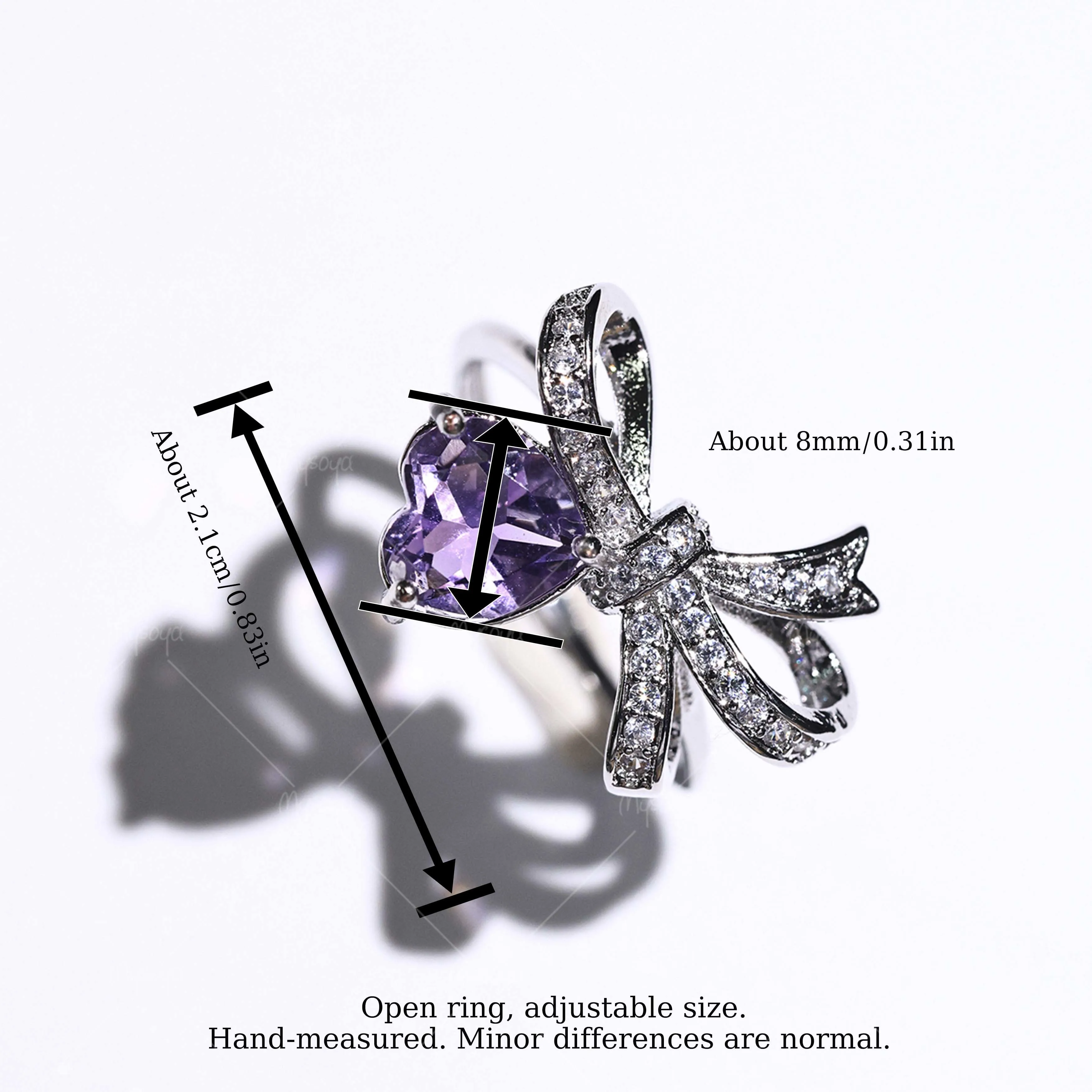 MYSOYA Silver-Plated Bow Ring with Natural Heart Amethyst, 8mm Amethyst 1.56ct, Gift Box Included, February Birthstone SC40