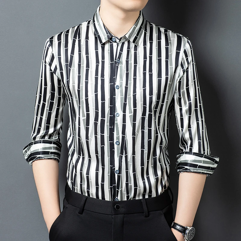 Print Casual High-End Shirts For Men Long Sleeve Skin-Friendly Summer Quality Geniune Silk 92.5%&Elastane 7.5% Camisas De Hombre
