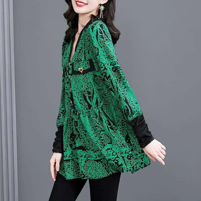 Elegant Vintage V-Neck Printed Midi T-shirt Women's Clothing Fashion Button Spliced Loose All-match Long Sleeve Tops for Female