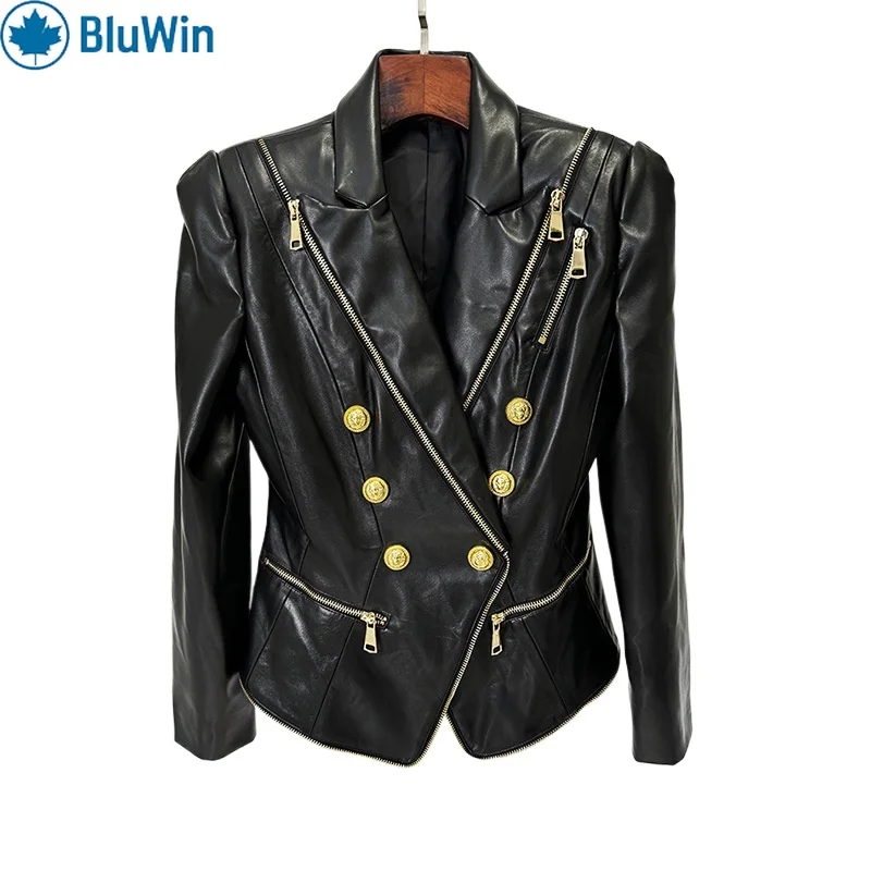 

URBANCHIC Streetwear Faux Leather Blazer Women 2025 Celebrity Style Zipper Detail Double Breasted Slim Fit Moto Jacket