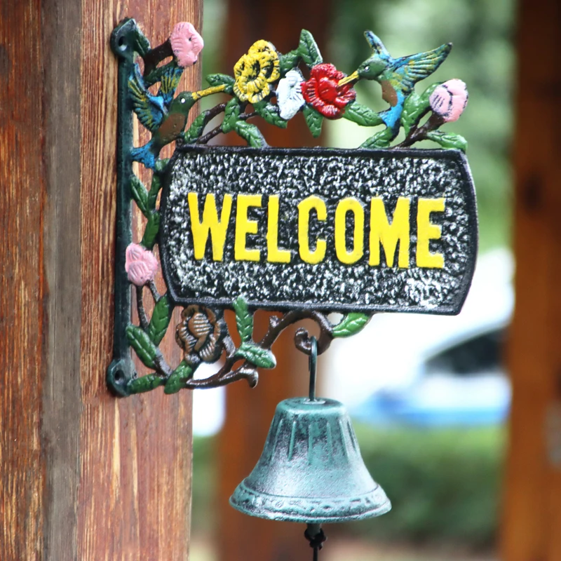 

European Retro Door Bell Cast Iron Wall Hanging Welcome Card Courtyard Balcony Guide Signs Flower Bird Painting Home Decoration