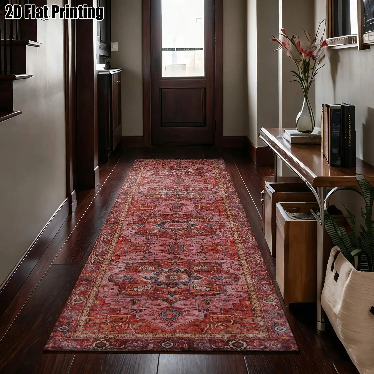 1Pc 2D Printed Retro Red Pink Geometric Long Strip Runner Carpet, European/Bohemian Style, Home Decor, Multi-Size, Machine Washable, for Entrance, Hallway, Living Room, Bedroom