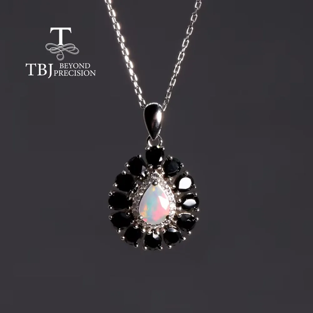 

Natural Opal & Black Spinel Sterling Silver Pendant Necklace for Women Elegant Mysterious Anniversary Gift