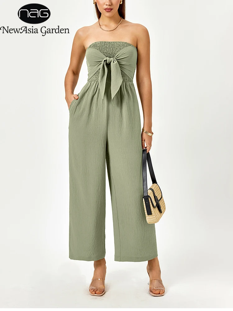 NewAsia Strapless Shirred Bow Jumpsuit Women Casual Summer Wide Leg Romper With Pocket Solid Green Textured Playsuit for Holiday