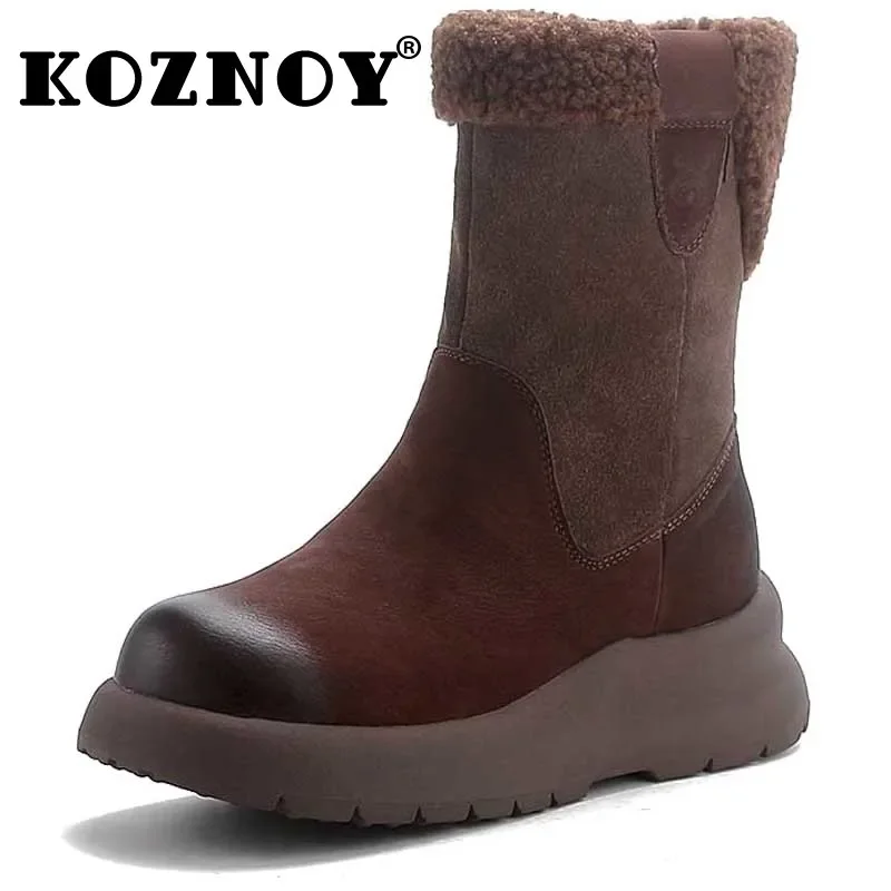 Koznoy 4.5cm Ankle Boots Cow Suede Genuine Leather Women Fashion Platform Wedge Autumn Motorcycle Spring Winter Plush Shoes