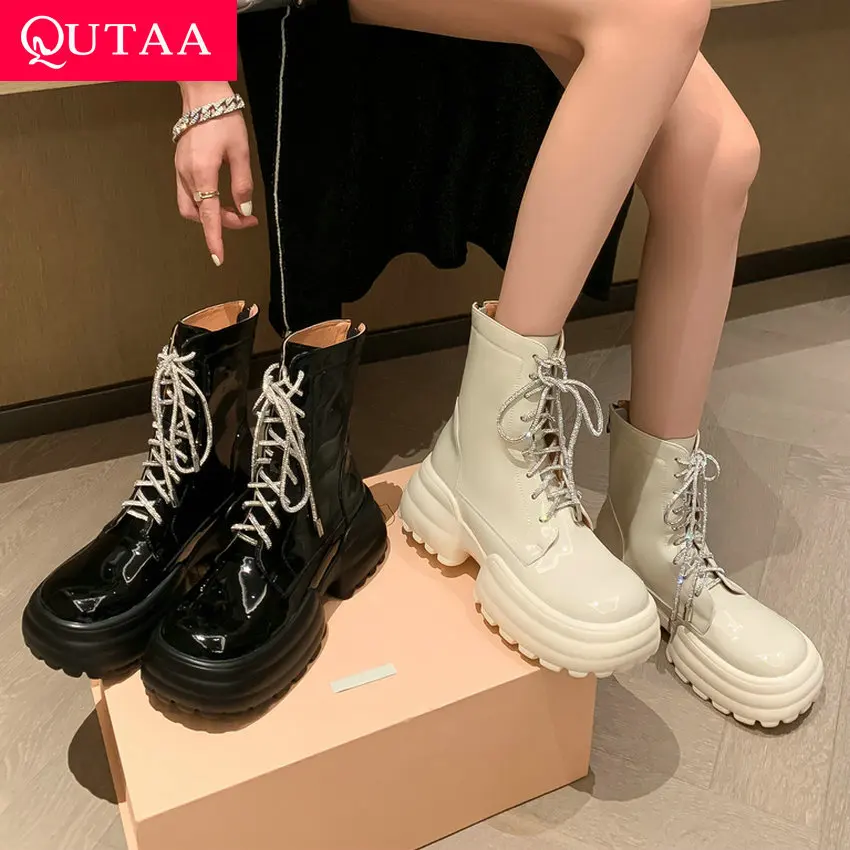 QUTAA 2024 Platforms Women Ankle Boots Patent Leather Round Toe Basic Shoes Woman Lace Up Casual Autumn Winter Short Size 34-39