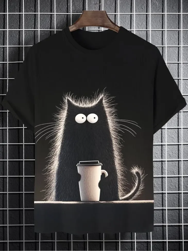 حجم كبير الكرتون الرجال تي شيرت القط الأكل البيتزا الفن ثلاثية الأبعاد بلايز الرجال النساء قصيرة الأكمام ONeck المحملة عادية الشارع Y2k ملابس علوية