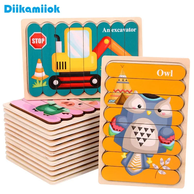 Wooden creative bar puzzle children early educational cognitive cartoon animal Jigsaw Game double-sided puzzles toys for kids