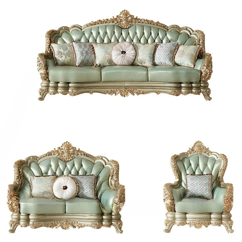 

Solid wood carving European leather sofa living room cowhide villa French