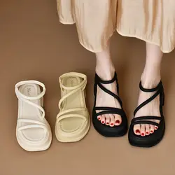 Zuecos con tacón para mujer, sandalias de gladiador gruesas que combinan con todo, color Beige, color negro bajo, 2023