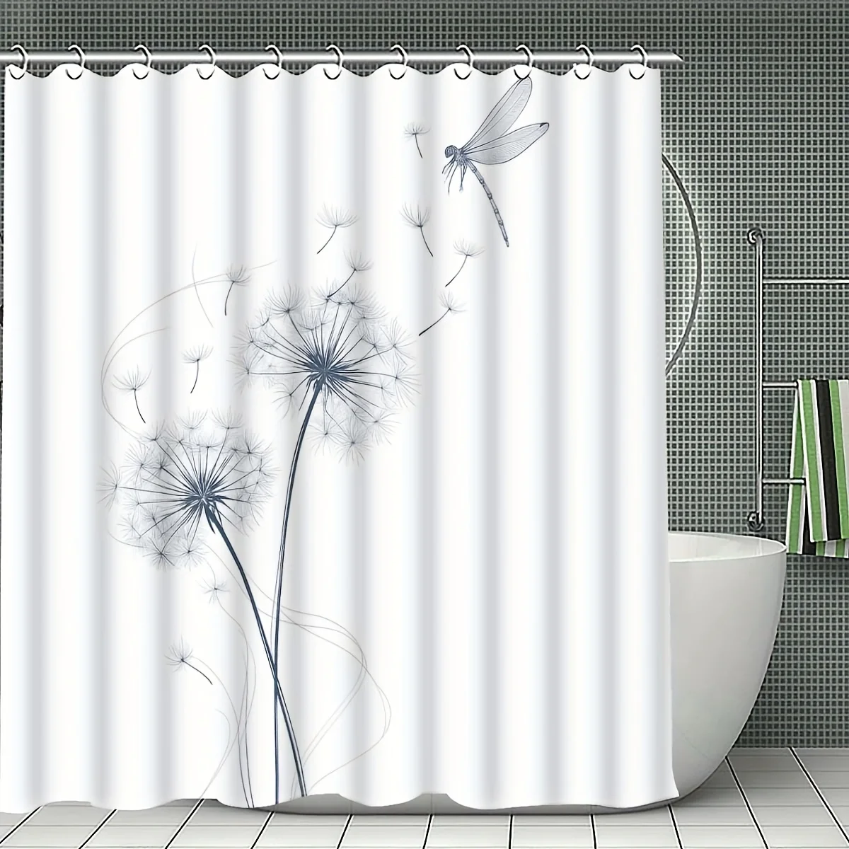 1pc Simple and Fresh Style Dandelion and Dragonfly Pattern Printed Shower Curtain, 120*180cm, 150*180cm, 180*180cm, 180*200cm, 2