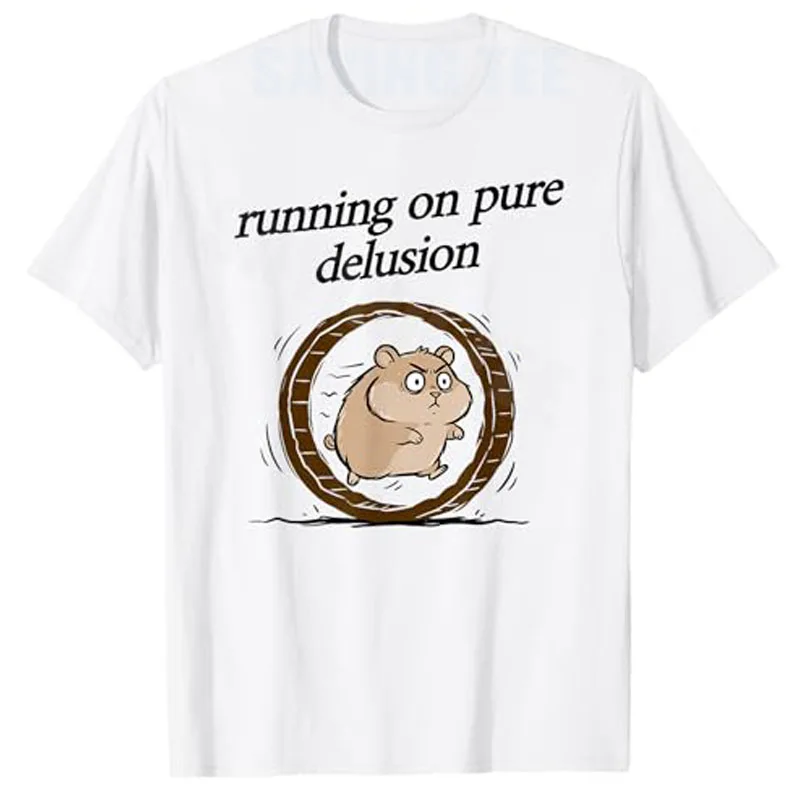 Camiseta con meme relatable de Running on Pure Delusion Hamster in The Wheel, estilo Y2k, Optimismo Caótico Colectivo, Ropa Streetwear Linda
