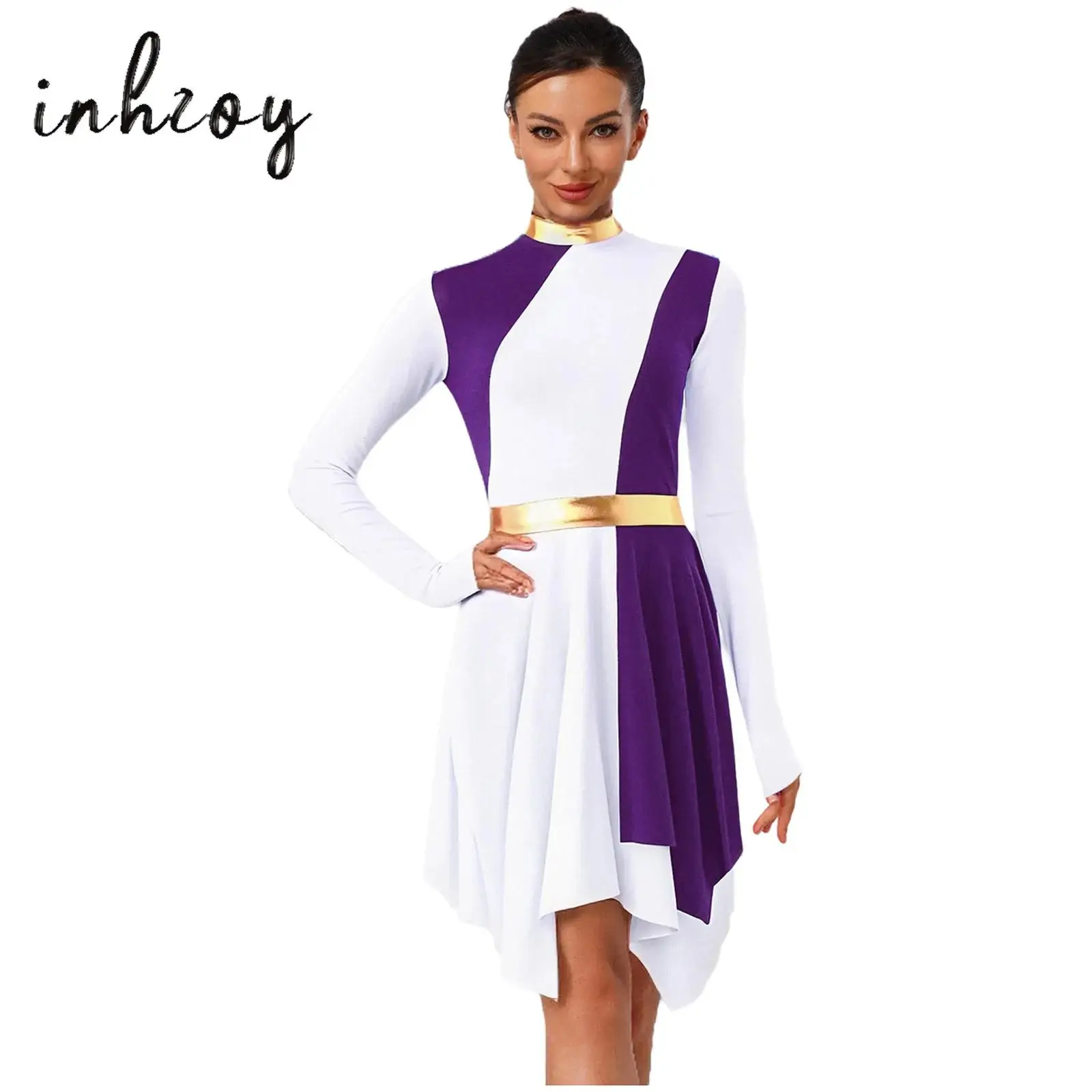

Women Liturgical Praise Dance Dress Mock Neck Long Sleeve Metallic Collar Waist Back Zipper Asymmetrical Hem Color Block Dress