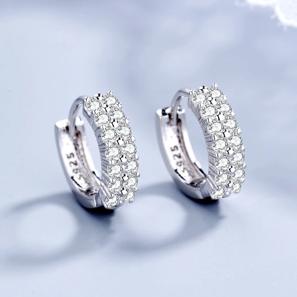 New 925 Sterling Silver Elegant Double Row Crystal Round Earrings Stud For Women Fashion Wedding Accessories Jewelry