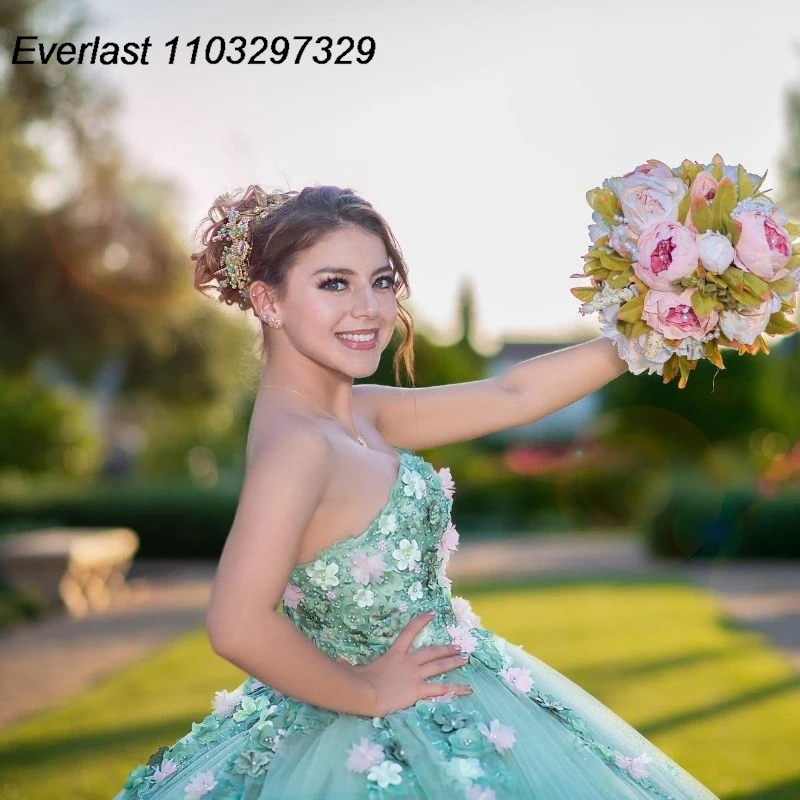 EVLAST gaun dansa Quinceanera Mint berkilau Meksiko korset manik-manik Applique bunga warna-warni manis 16 Vestido De 15 Anos TQD557