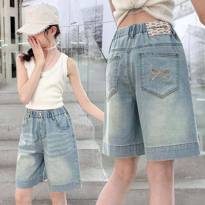 UNITIM Summer Kids Girls Denim Shorts Thin Bow Pockets Children Girls Jeans 4-14Yrs Young Teenager Girls Sticker Casual Shorts
